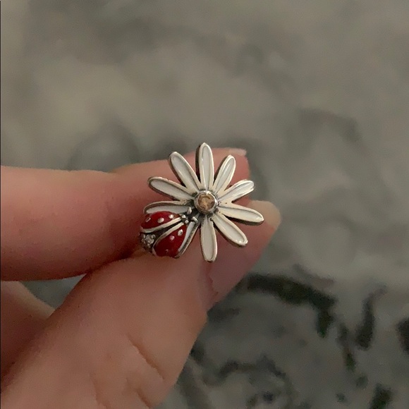 Real silver lady bug and flower ring - Picture 2 of 4